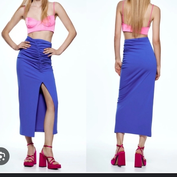 Zara Royal Blue Ruched Midi Skirt Draped Slit XL - Picture 6 of 6